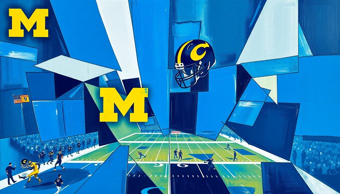A fragmented, geometric painting depicting a Michigan football game, with sharp, overlapping planes of blue and maize colors representing the dynamic action on the field.