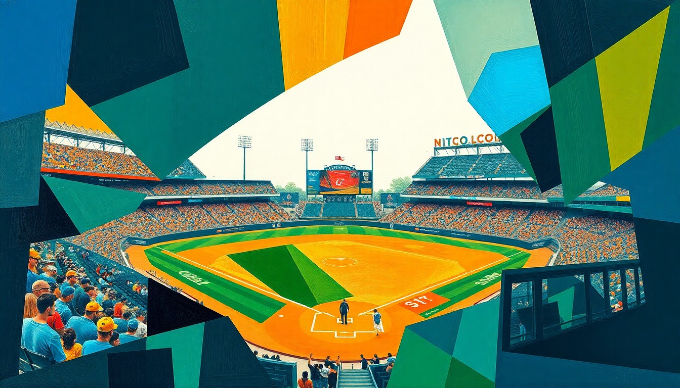 A fractured, cubist-style painting depicting the dynamic action of a college baseball game, with sharp geometric shapes and planes of navy, green, and orange conveying the energy and intensity of the sport.