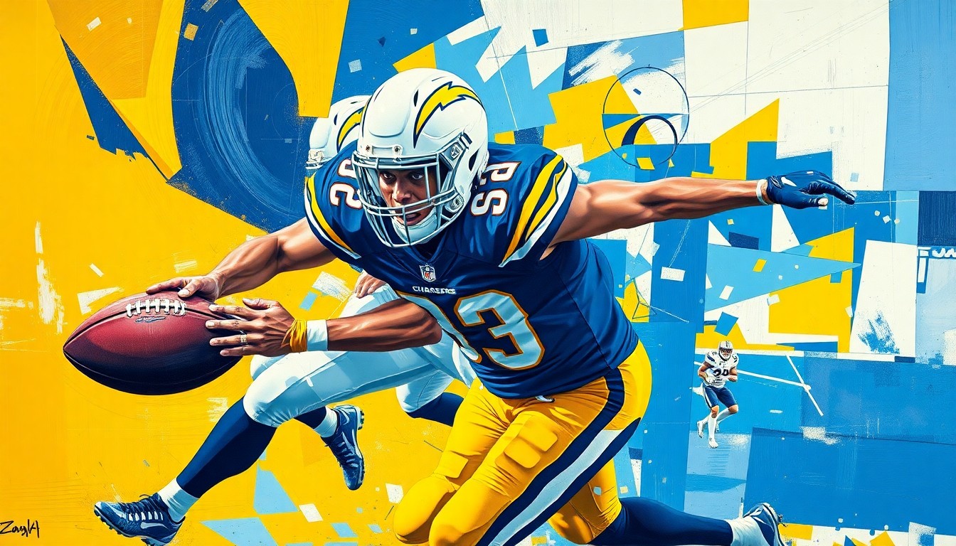 A fractured, cubist-style painting depicting a football player in the midst of a pass rush, with sharp geometric planes in navy blue, powder blue, and gold representing the dynamic movement and energy of the game.