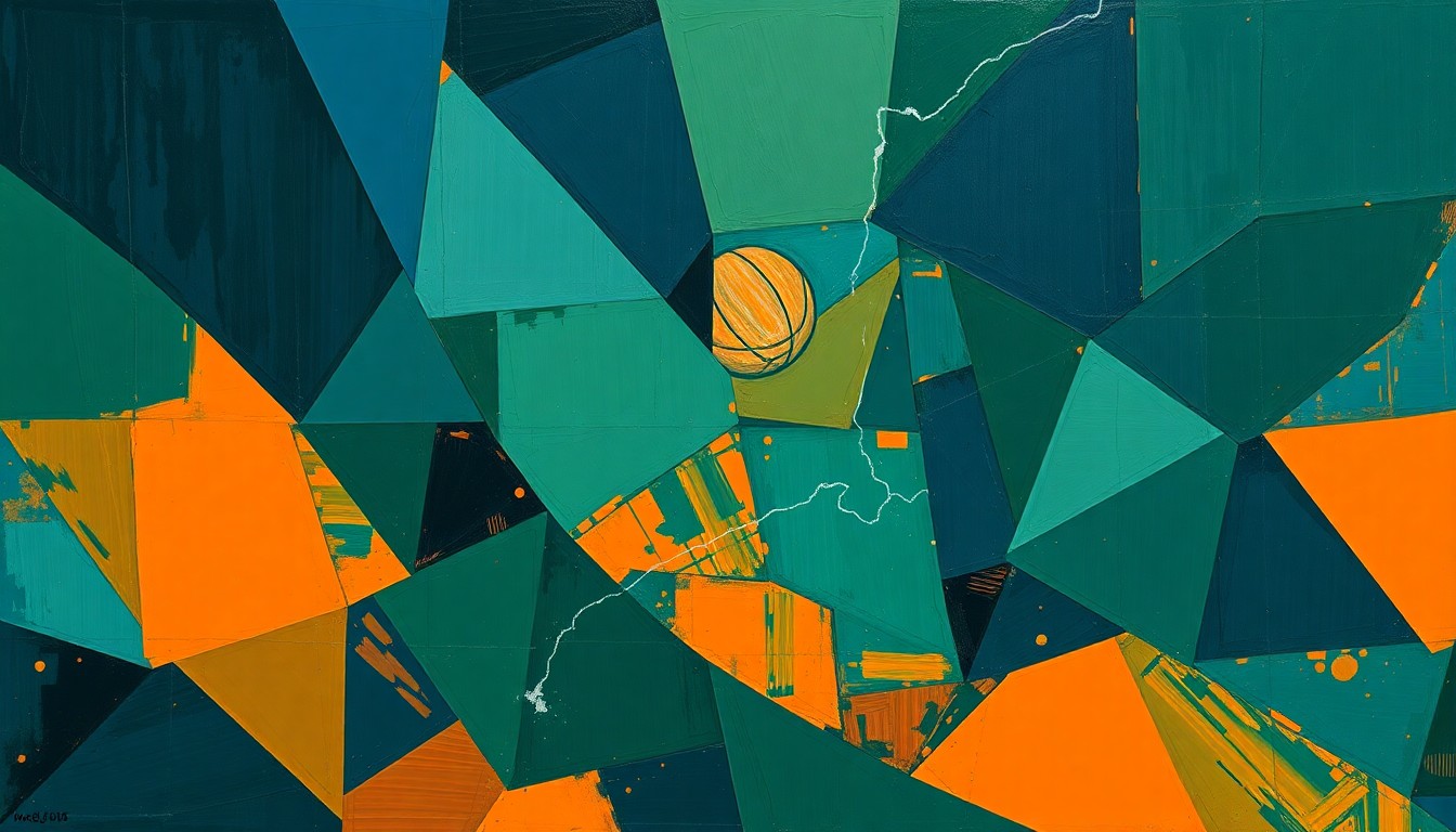 A fractured, cubist-style painting depicting a basketball game or match broken down into overlapping geometric shapes and planes in shades of navy, green, and orange, conveying the dynamic energy and movement of the sport.