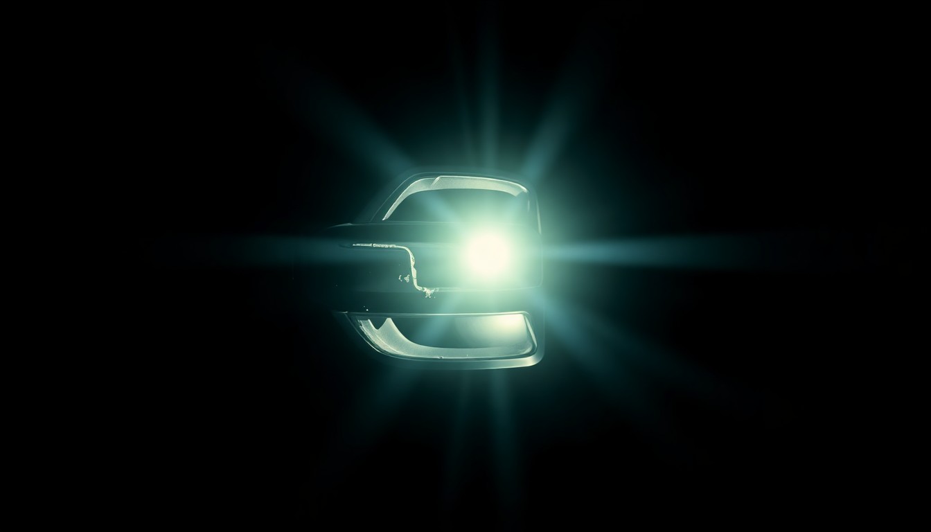 An extreme close-up photograph of a damaged car door handle, lit by a harsh, direct camera flash against a pitch-black background, conveying a stark, gritty, and investigative aesthetic.