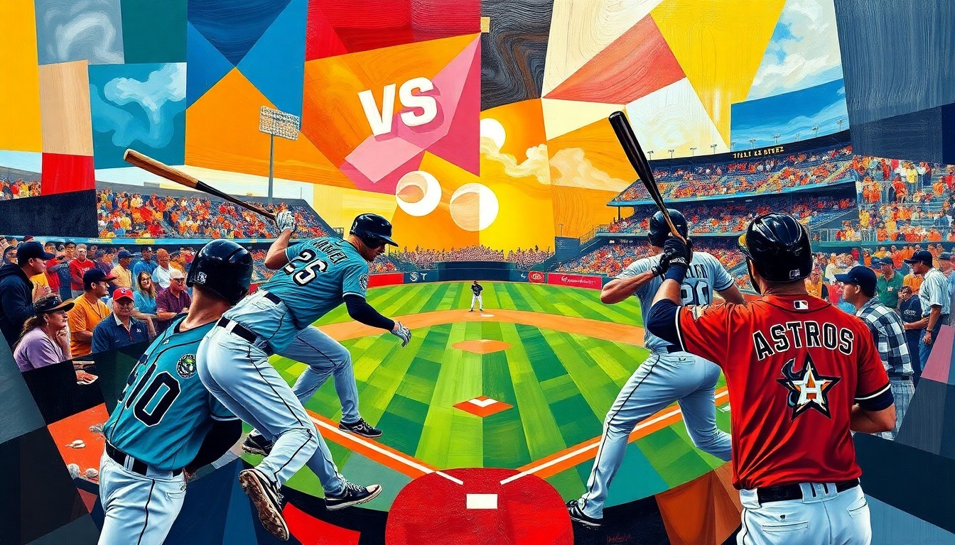 A cubist, geometric painting depicting a baseball game in progress, with players, bats, and the field rendered in overlapping, fragmented shapes and vibrant colors representing the Mariners and Astros uniforms.