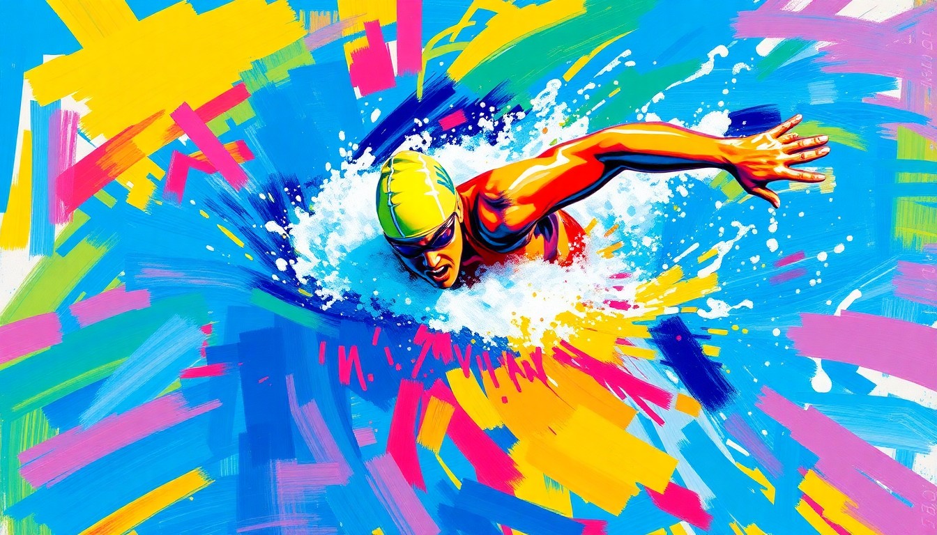 An abstract, vibrant expressionist painting in neon colors depicting the explosive movement and raw energy of a swimmer cutting through the water with rapid brushstrokes, conveying the breakthrough performance of a rising American swimming star.