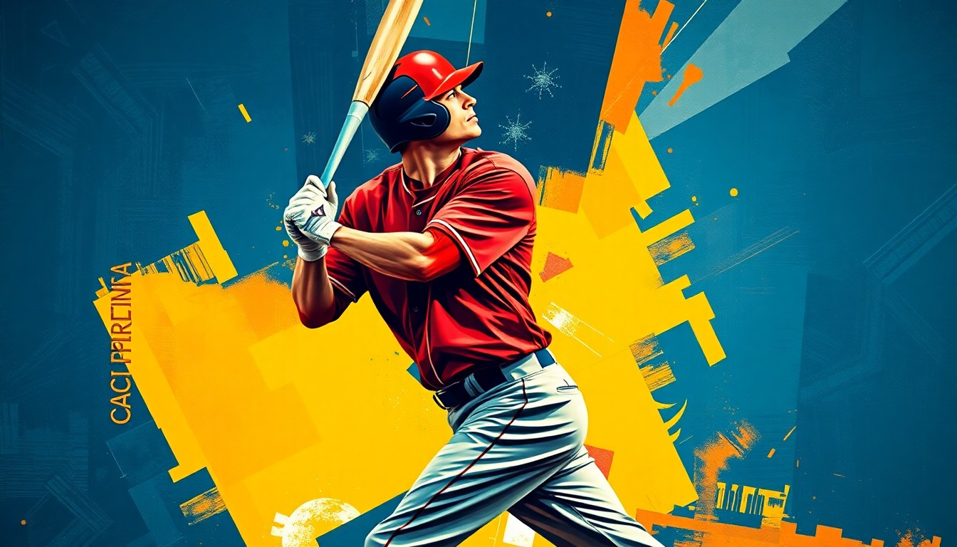 A fragmented, geometric painting depicting a baseball player in mid-swing, with sharp planes of navy, red, and yellow color creating a dynamic, abstract composition.
