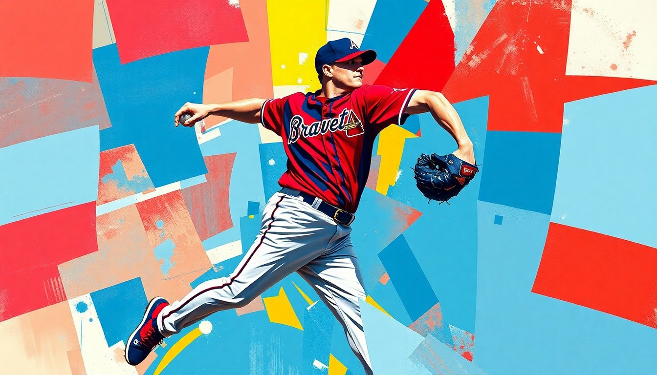 A cubist, geometric painting depicting the throwing motion of a baseball pitcher, with sharp, overlapping planes in the Braves' team colors of navy blue, red, and white.