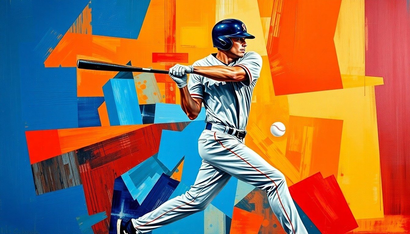 A fragmented, geometric painting depicting a baseball player in the midst of swinging a bat, the action broken down into sharp, overlapping planes of color and form.