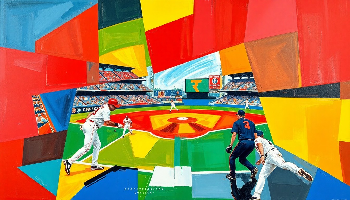 A fractured, geometric painting depicting a baseball outfield scene, with players and the field broken down into sharp, overlapping planes of vibrant colors.