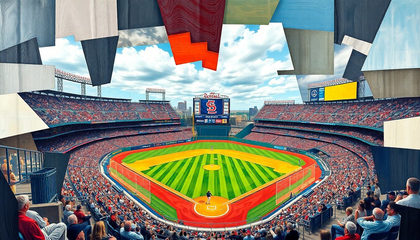 A fragmented, geometric painting depicting a baseball game between the St. Louis Cardinals and Washington Nationals, with players and the field broken down into sharp, overlapping shapes and planes of color.
