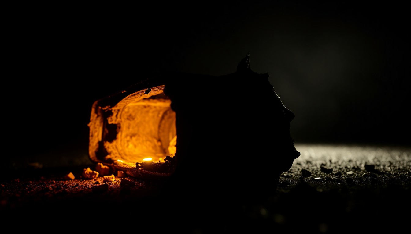 An extreme close-up photograph of a charred vehicle part or debris from a fire, lit by a harsh, direct camera flash against a pitch-black background, conveying a stark, gritty, investigative mood without depicting any literal violence or victims.
