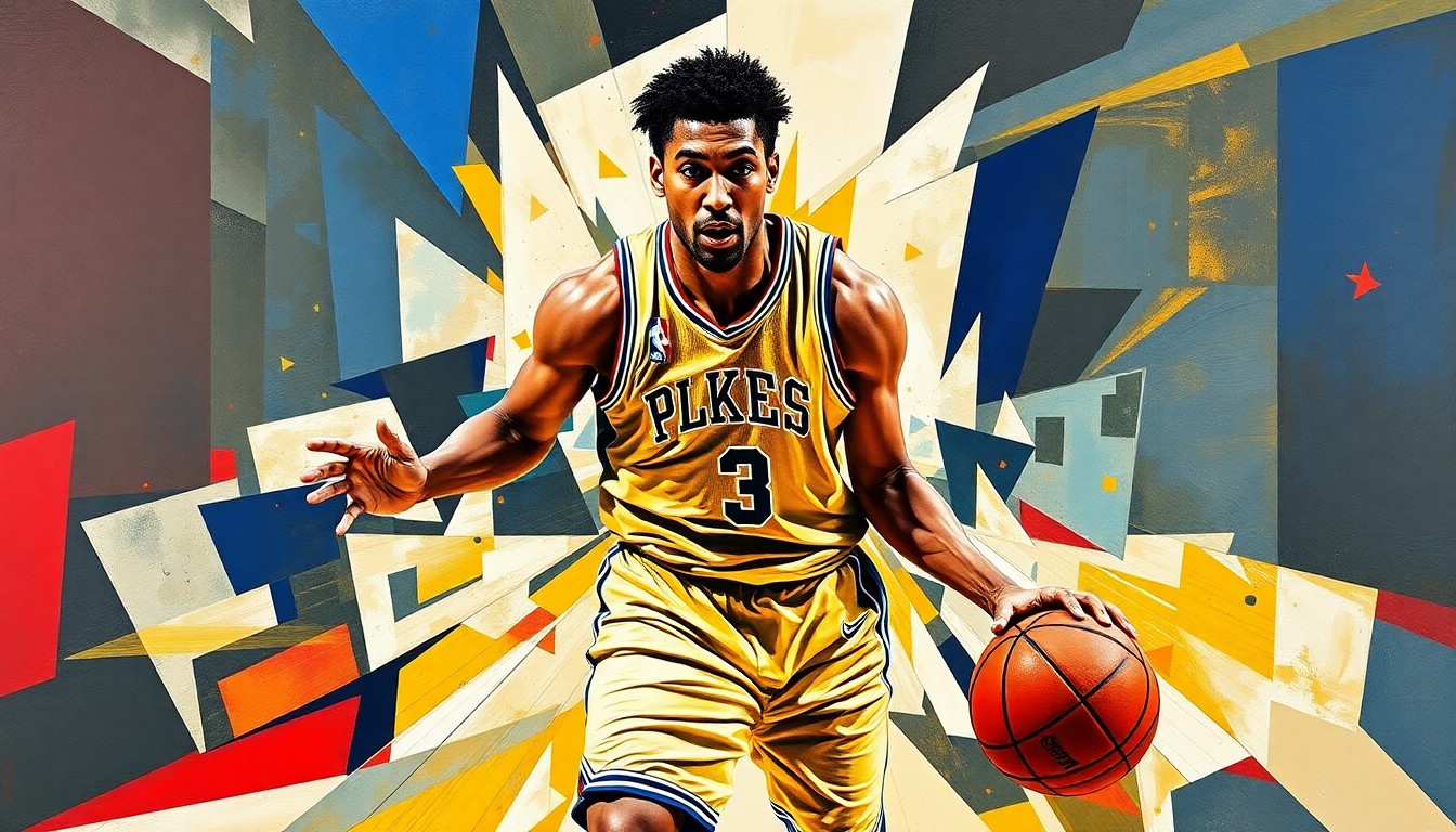 A fragmented, geometric painting depicting the dynamic movements of a basketball player, with sharp, overlapping shapes and planes that obscure the player's identity.