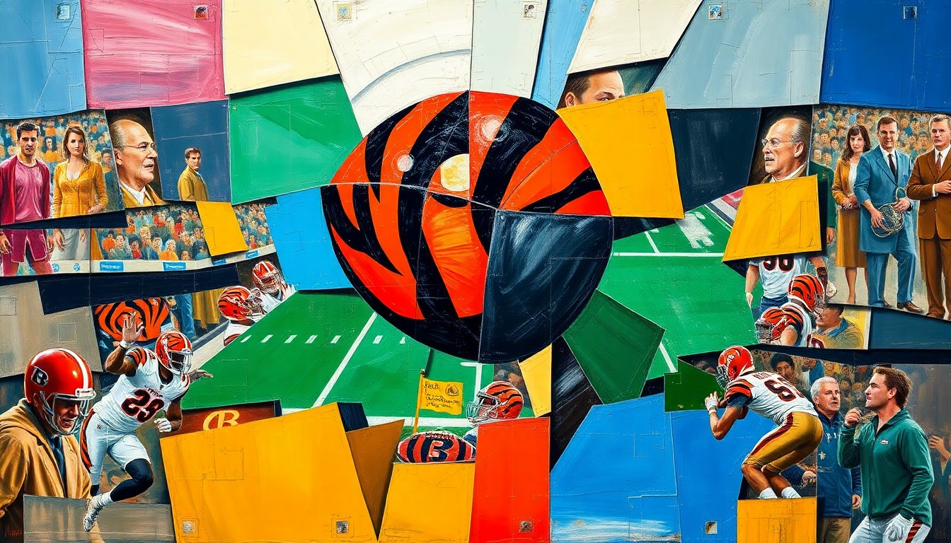 A fragmented, geometric painting depicting a football game or match, with sharp, overlapping planes of color representing the dynamic action on the field.