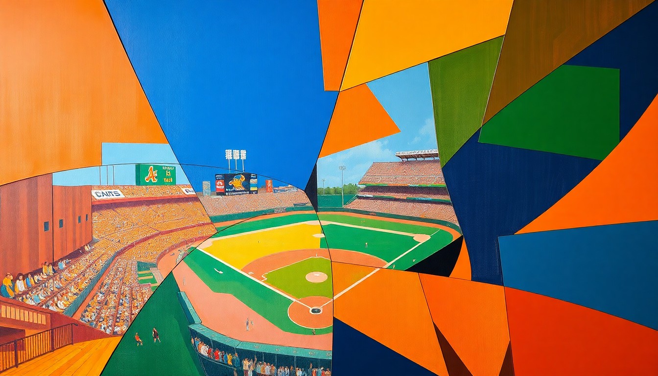A cubist, geometric painting depicting a baseball game in motion, with overlapping planes of color representing the dynamic action on the field.