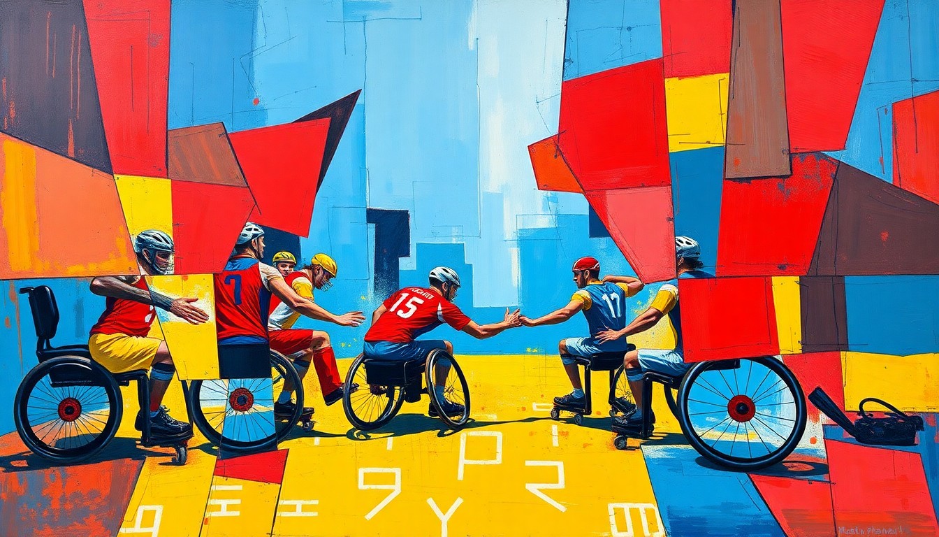 A cubist, geometric painting depicting a wheelchair rugby match, with sharp, overlapping planes of color and movement, capturing the dynamic energy of the sport.