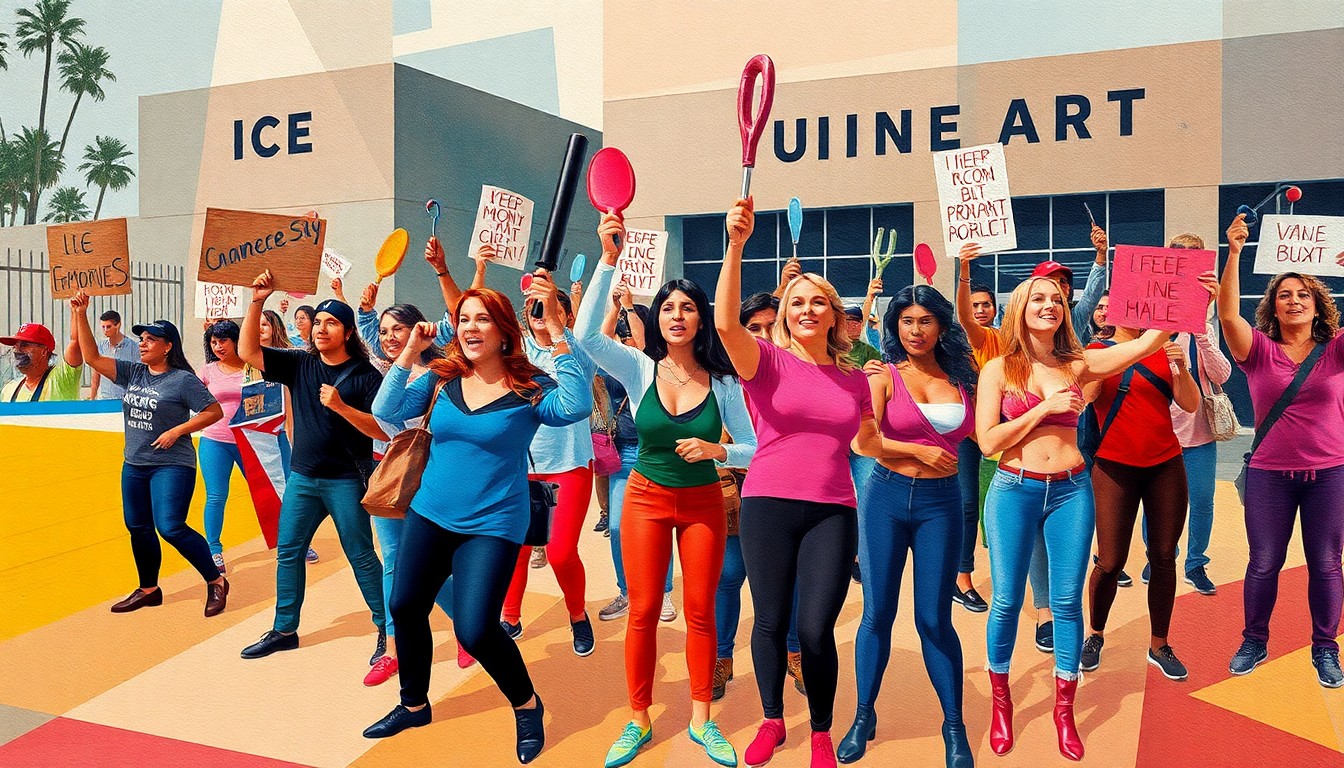 A dynamic, fragmented painting depicting a group of protesters outside an ICE facility, their bodies and the sex toys they are holding blurred and repeated in overlapping geometric waves of vibrant color.