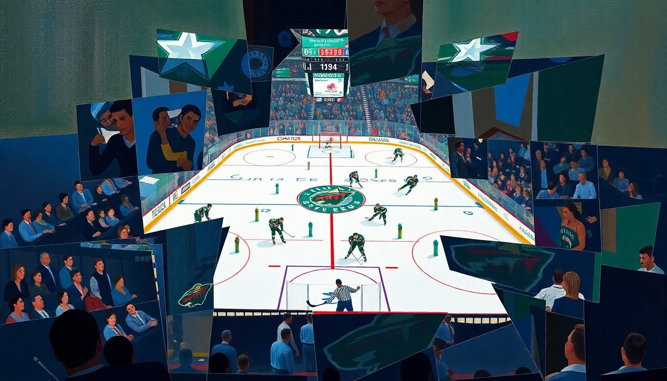 A cubist-style painting depicting a hockey game between the Dallas Stars and Minnesota Wild, with the players and the action broken down into sharp, overlapping geometric shapes and planes, capturing the intensity and physicality of the matchup.