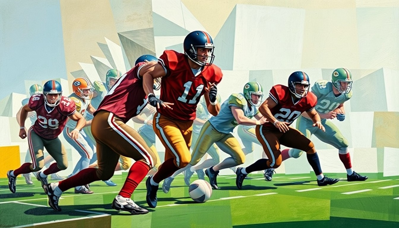 A fragmented, geometric painting depicting the abstract forms of football players in motion, capturing the energy and dynamism of the sport through a deconstructed visual style.