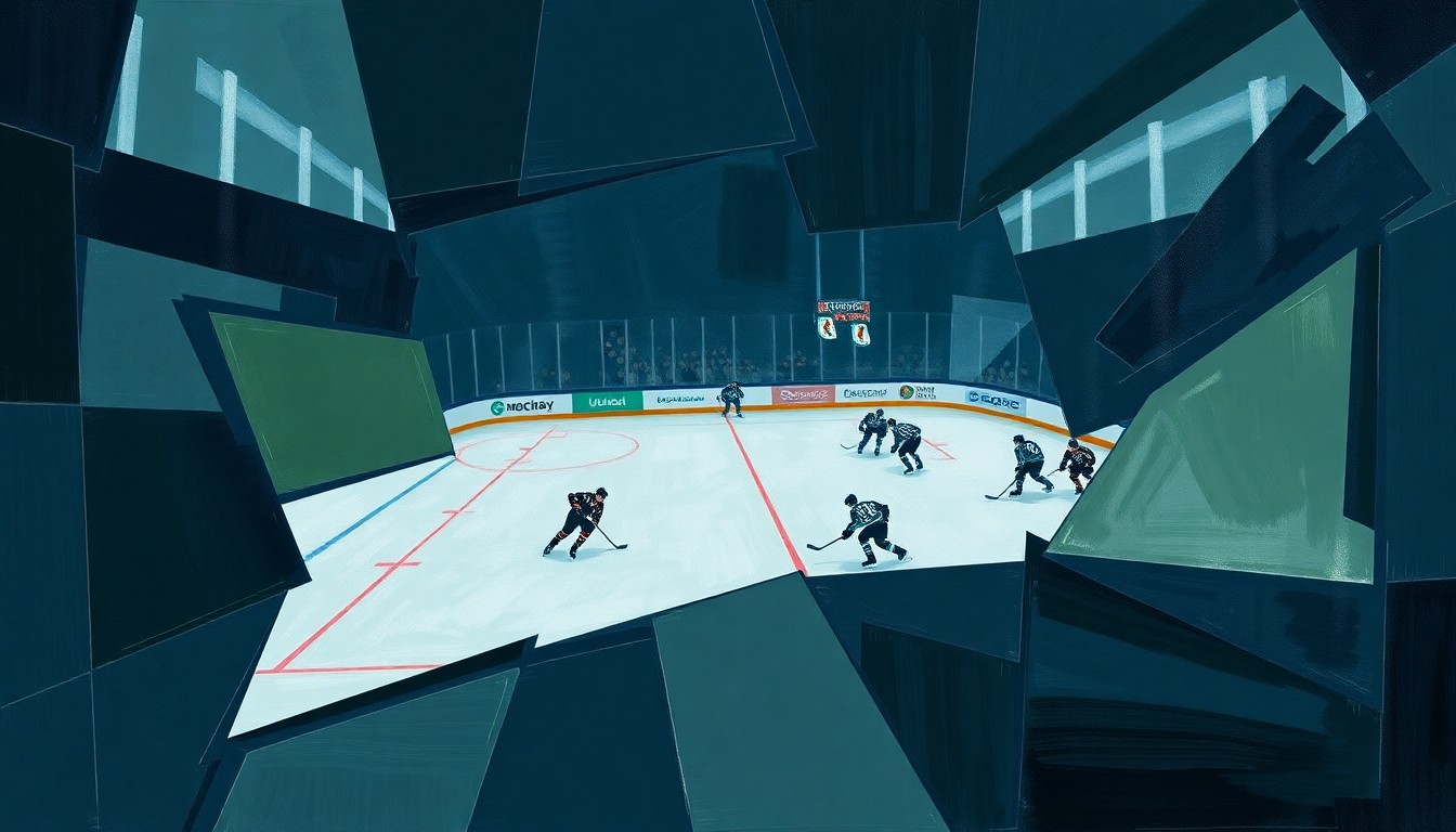 A cubist, geometric painting depicting a hockey game or match, with sharp, overlapping planes in muted tones of navy, green, and grey, capturing the energy and movement of the sport in an abstract, deconstructed style.