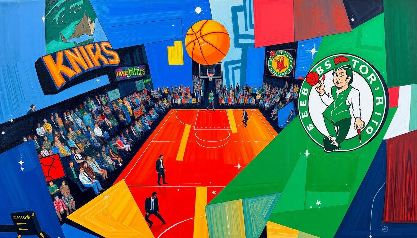 A cubist, geometric painting depicting the basketball game between the New York Knicks and Boston Celtics, with sharp, overlapping planes of vibrant colors representing the dynamic action on the court.