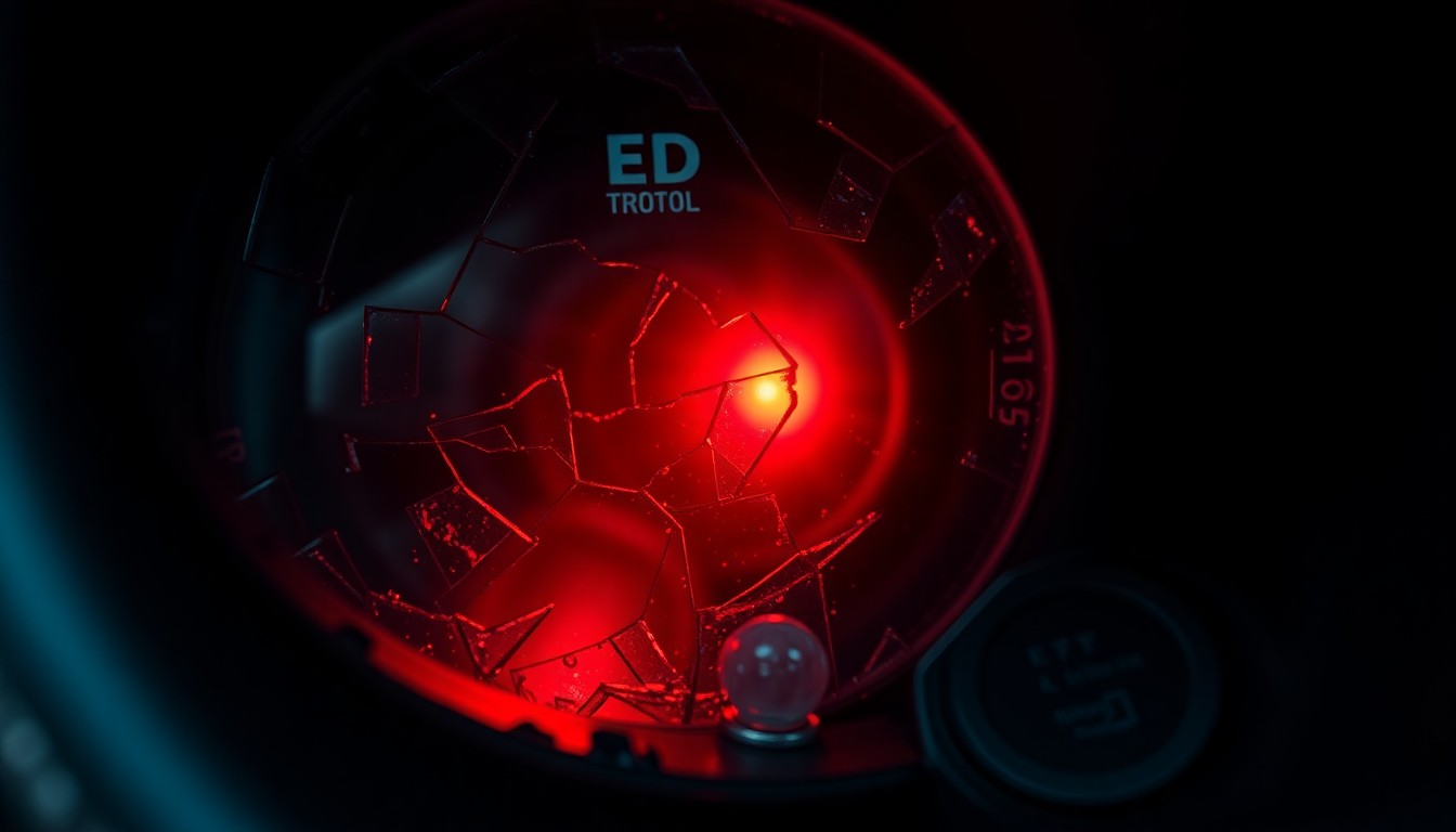 An extreme close-up of a shattered car sensor lens reflecting a faint red light, conceptually illustrating the aftermath of a violent car crash.