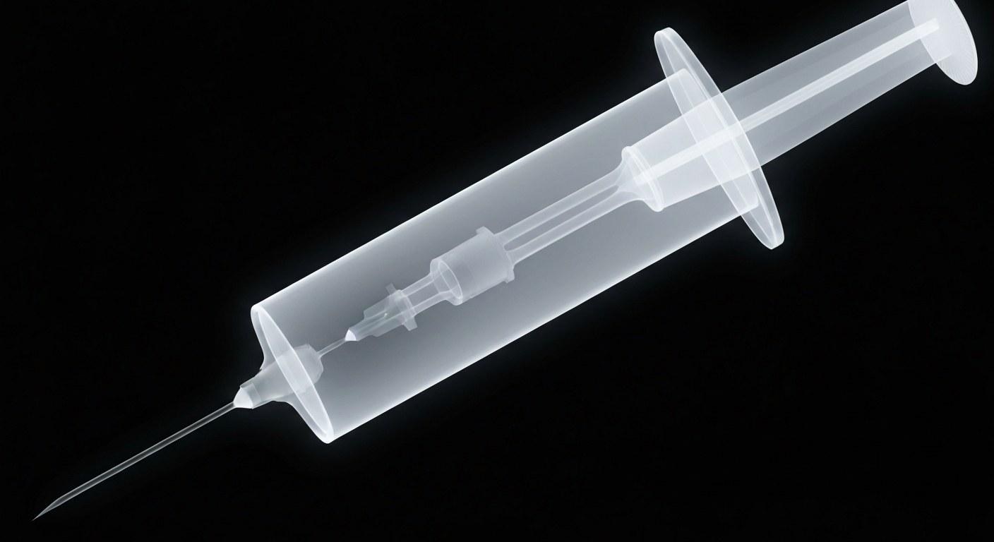 A ghostly, translucent X-ray photograph of a medical syringe and needle, glowing against a dark background, conceptually illustrating the importance of sterile medical equipment.