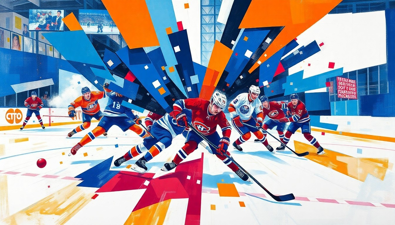 A cubist-style painting featuring sharp, overlapping geometric shapes in the colors of the New York Islanders and Montreal Canadiens, capturing the intensity and emotion of the game that officially ended the Islanders' playoff hopes.