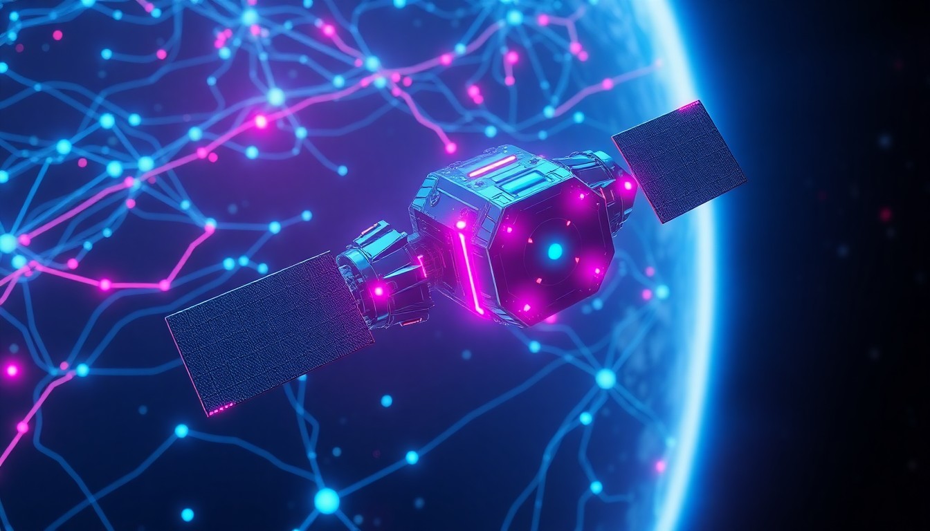 A highly detailed 3D illustration of a glowing Starlink satellite in orbit, surrounded by a network of illuminated data cables and cybernetic infrastructure, conveying the scale and technological complexity of the Starlink project.