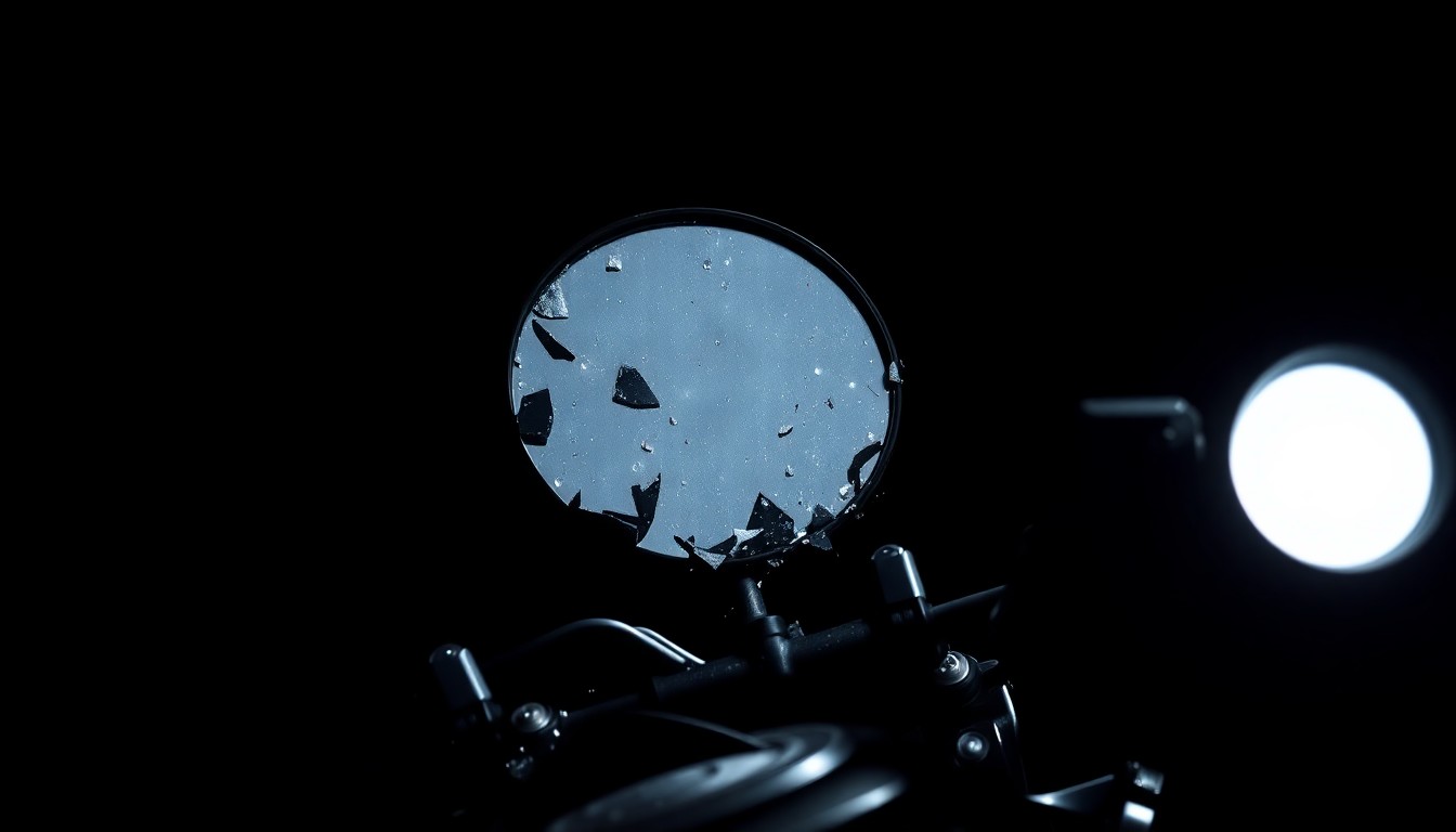 An extreme close-up photograph of a shattered motorcycle mirror partially obscured by debris, conveying the gritty aftermath of a roadway collision.