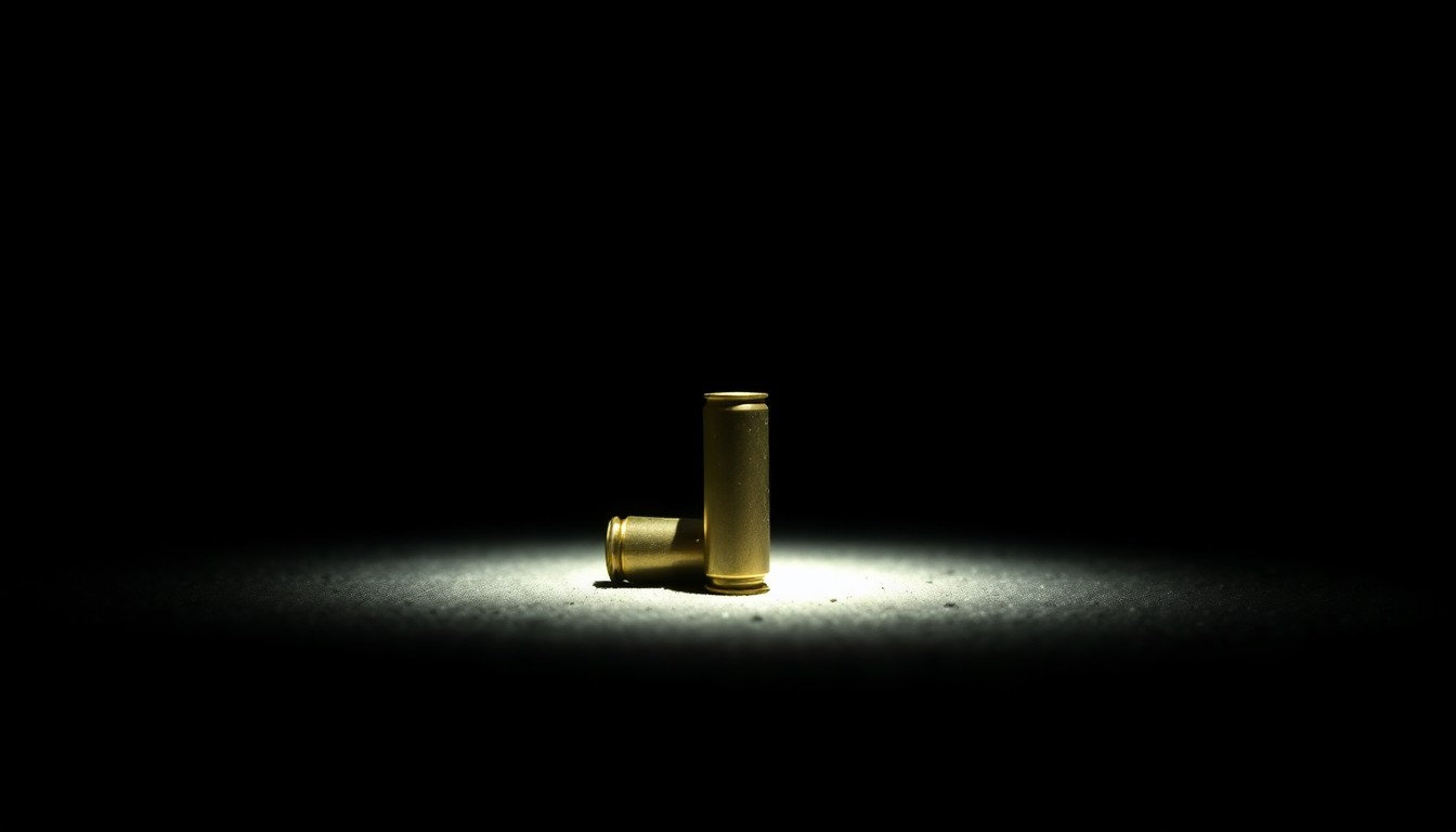 An extreme close-up of a single spent bullet casing on the ground, reflecting a harsh, bright flash of light in the darkness, conceptually illustrating the violence that disrupted a community event.