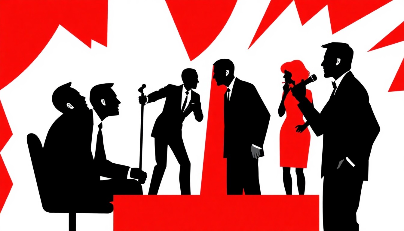 An abstract, minimalist composition using bold, jagged geometric shapes and high-contrast solid colors to conceptually represent the comedic tension and power struggle between late-night TV hosts and the comedy world.