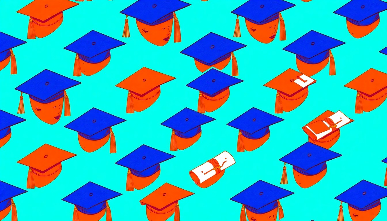 A bold, abstract silkscreen print featuring repeating images of graduation caps and diplomas in a colorful, pop art style, conveying the sense of achievement and celebration surrounding the incarcerated women's educational milestones.