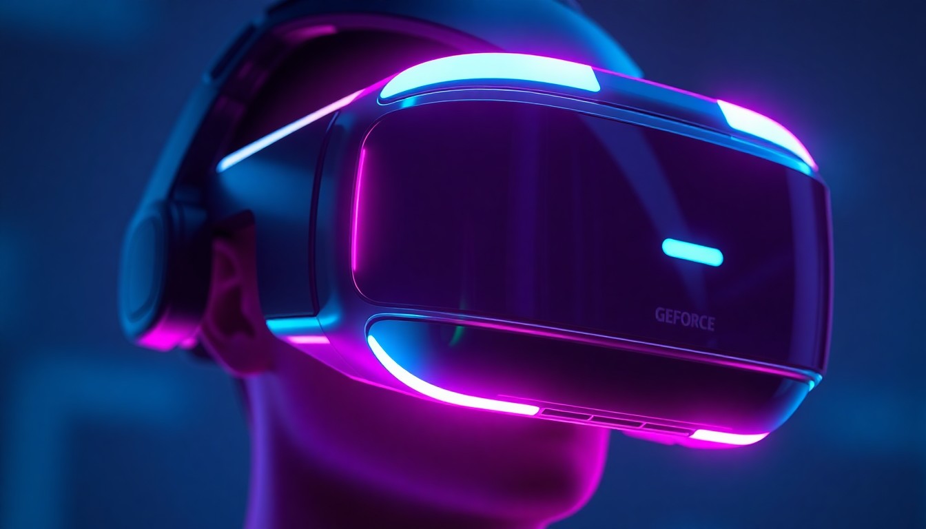 A highly detailed, glowing 3D illustration of a futuristic virtual reality headset, with neon cyan and magenta lights illuminating its sleek, angular design. The image conveys a sense of advanced technology and the potential for a more immersive gaming experience.