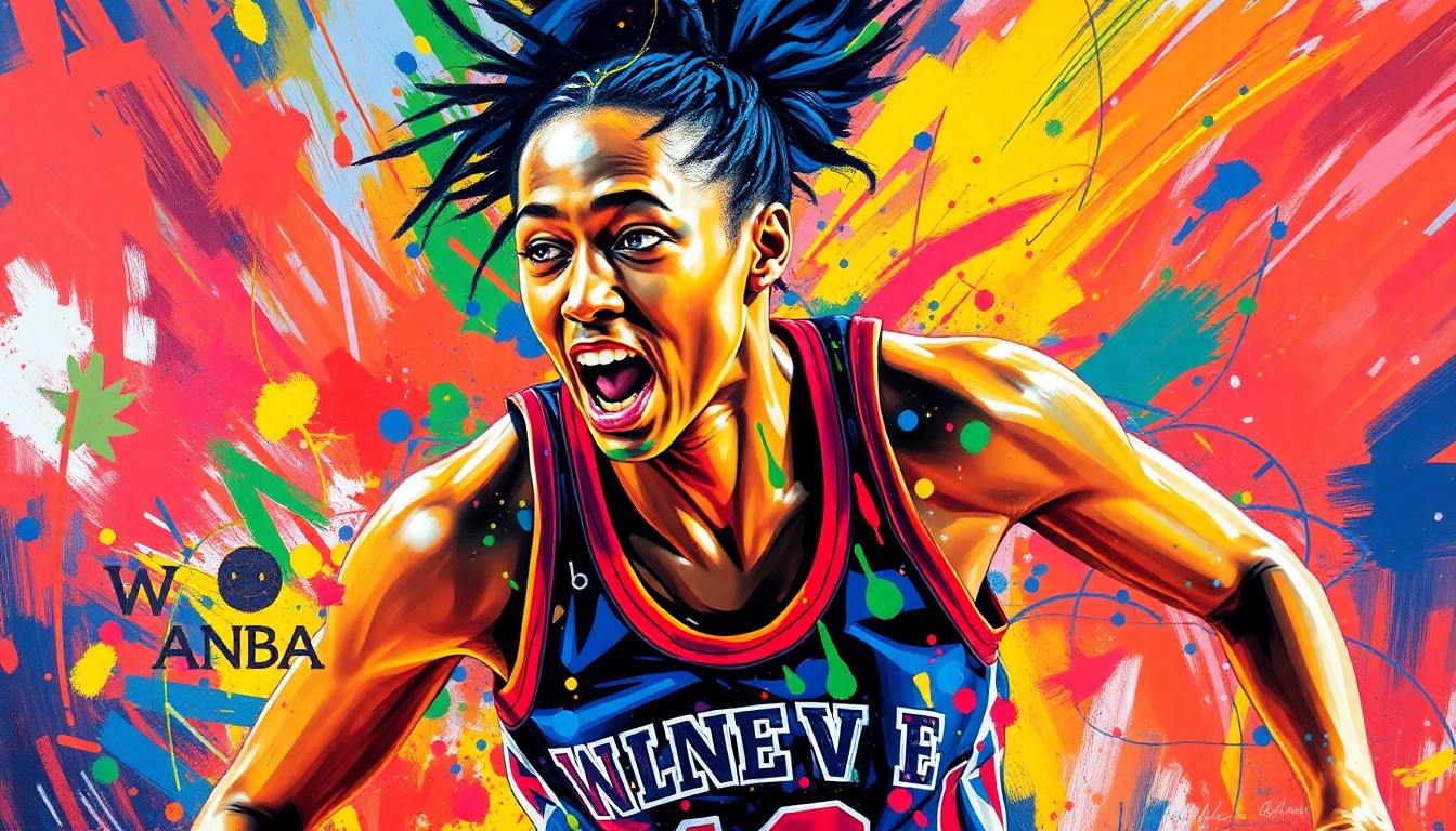An abstract, expressionist painting in neon colors depicting a WNBA player in mid-motion, their face and jersey dissolving into vibrant brushstrokes that capture the raw energy and passion of the sport.