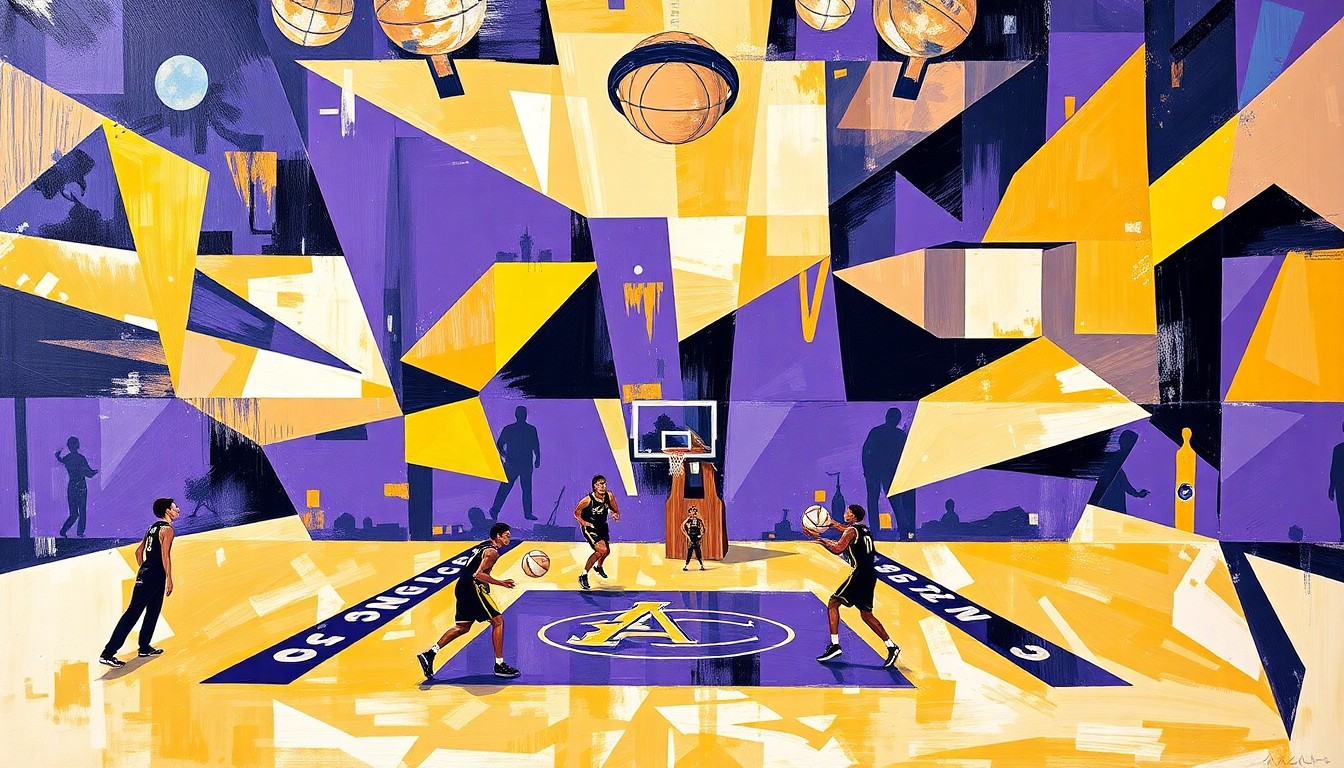 A fractured, geometric painting depicting a WNBA basketball player in motion, with sharp planes of purple, gold, and white representing the Los Angeles Sparks' team colors.
