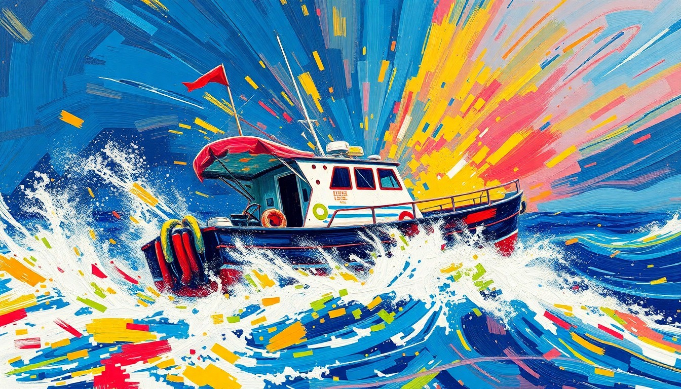 An abstract, energetic painting featuring bold brushstrokes of neon blues, greens, and oranges, conveying the turbulent motion and power of a fishing boat navigating choppy waters.