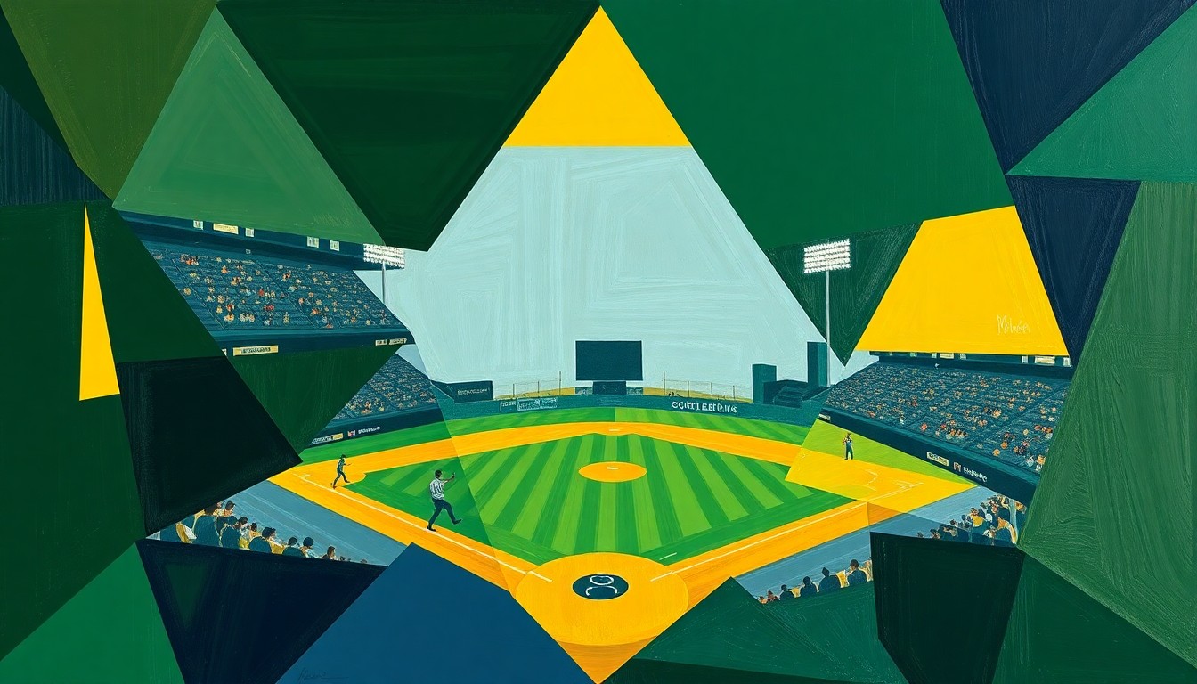 A cubist, geometric painting depicting a college softball game, with players and the field broken down into overlapping planes of green, blue, and yellow, conveying the intensity and unpredictability of the sport.