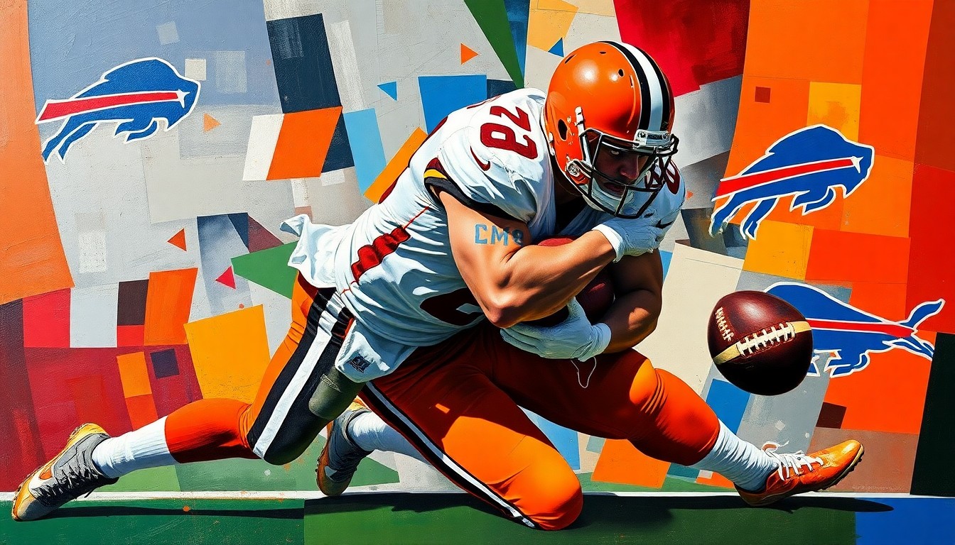 A cubist, multi-perspective painting depicting the moment of a football tackle, with the player's body broken down into sharp, overlapping geometric shapes in the official team colors of the Cleveland Browns and Buffalo Bills.