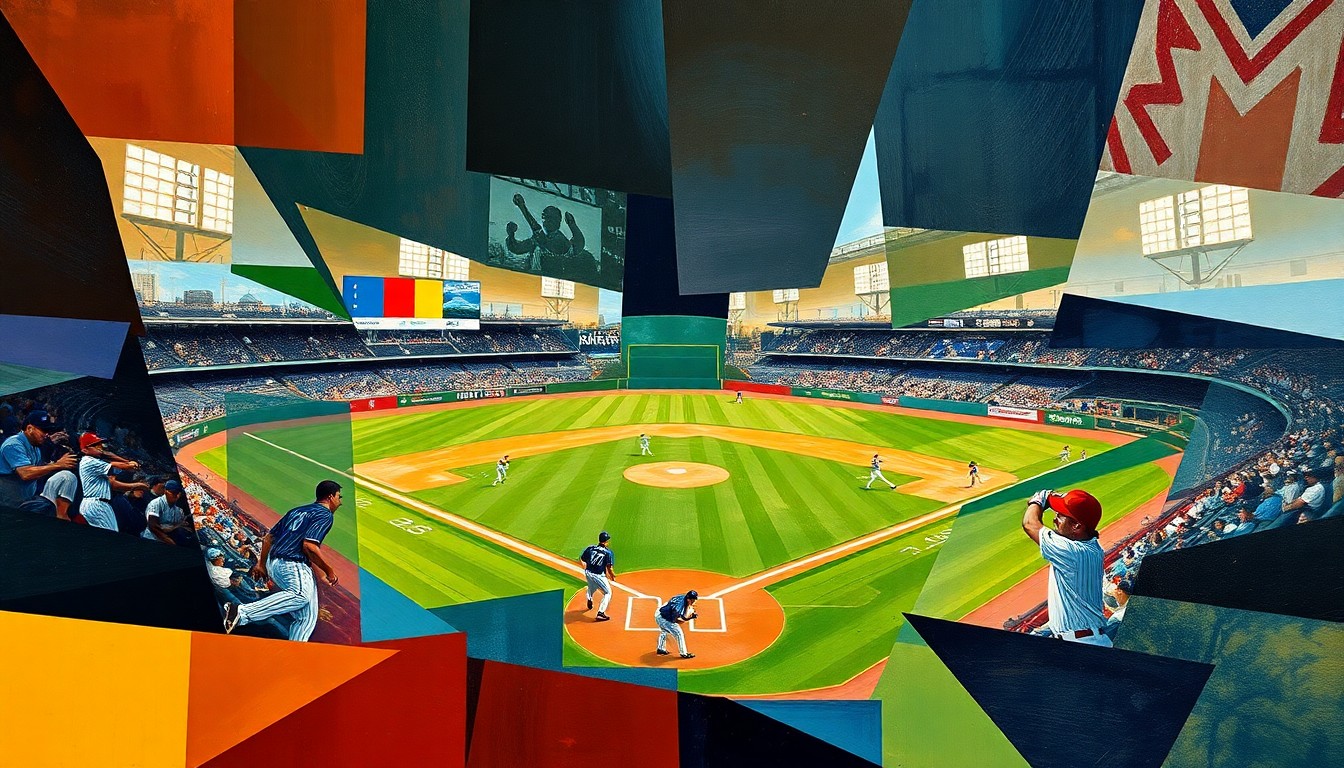 A fragmented, geometric painting depicting a baseball game or match, with the players and field broken down into abstract shapes and planes of color, conveying the dynamic motion and energy of the sport.