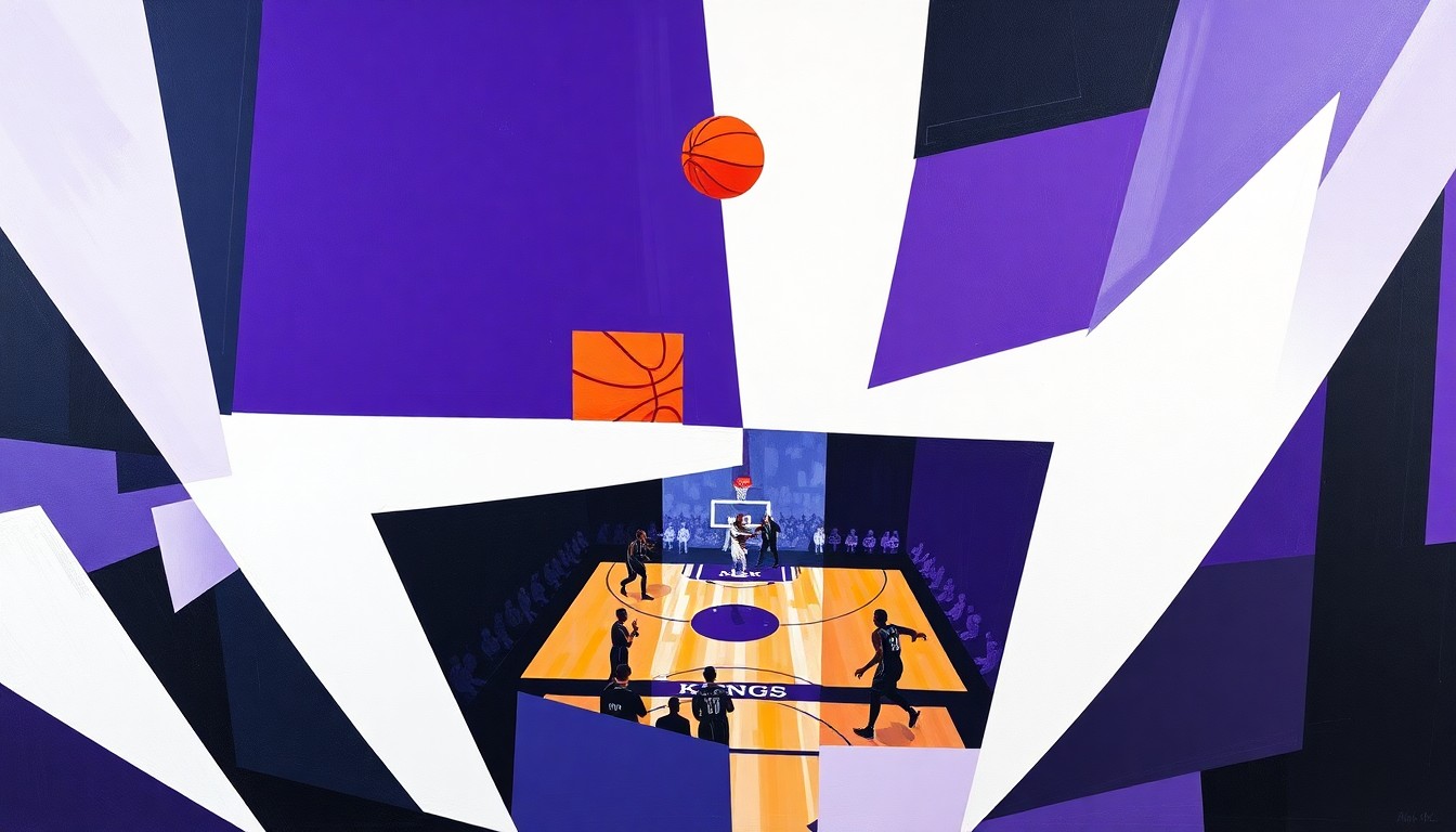 A fractured, cubist-style painting depicting a basketball game, with the players and court broken down into sharp, overlapping geometric shapes in the official colors of the Sacramento Kings.