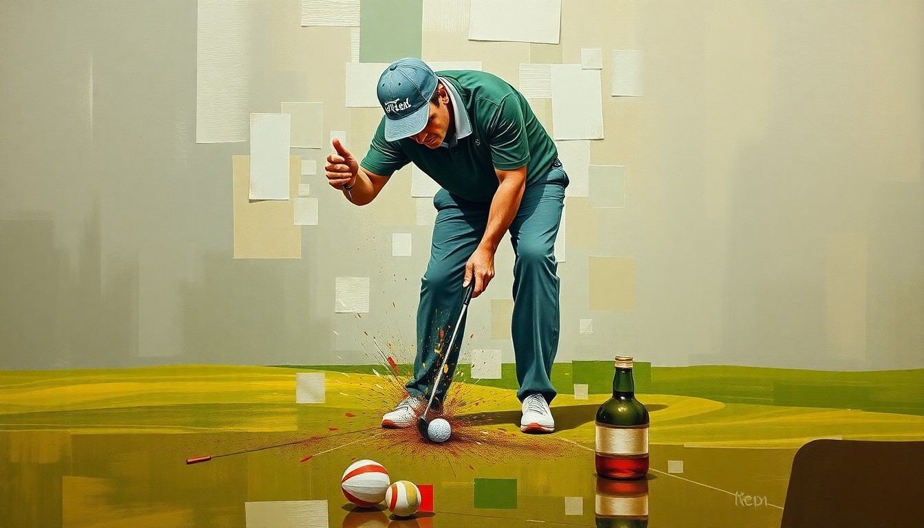 A fragmented, cubist-style painting depicting a frustrated golfer smashing his club on the ground, with sharp geometric shapes and muted earth tones conveying the intensity of the moment.