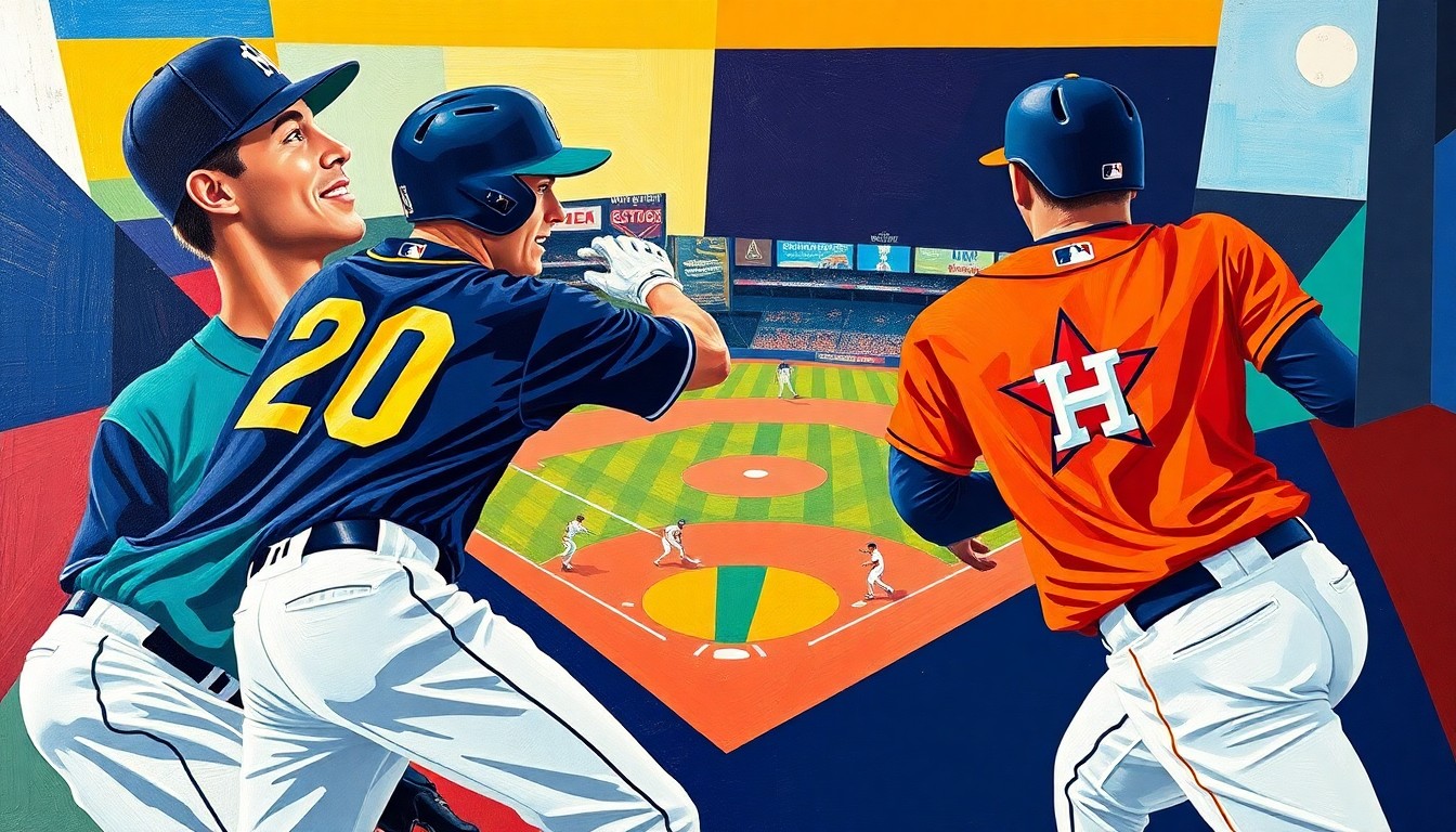 A fractured, cubist-style painting depicting various geometric shapes and planes in the colors of the Mariners and Astros uniforms, representing the dynamic action of a baseball game.