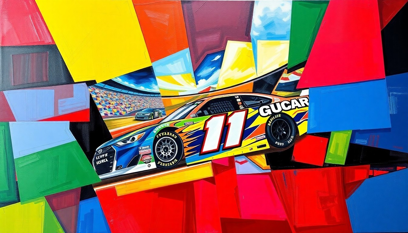 A fractured, multi-perspective painting using sharp, overlapping geometric planes in vibrant stock car colors to conceptually represent Ty Gibbs' first NASCAR Cup Series victory at Bristol Motor Speedway.