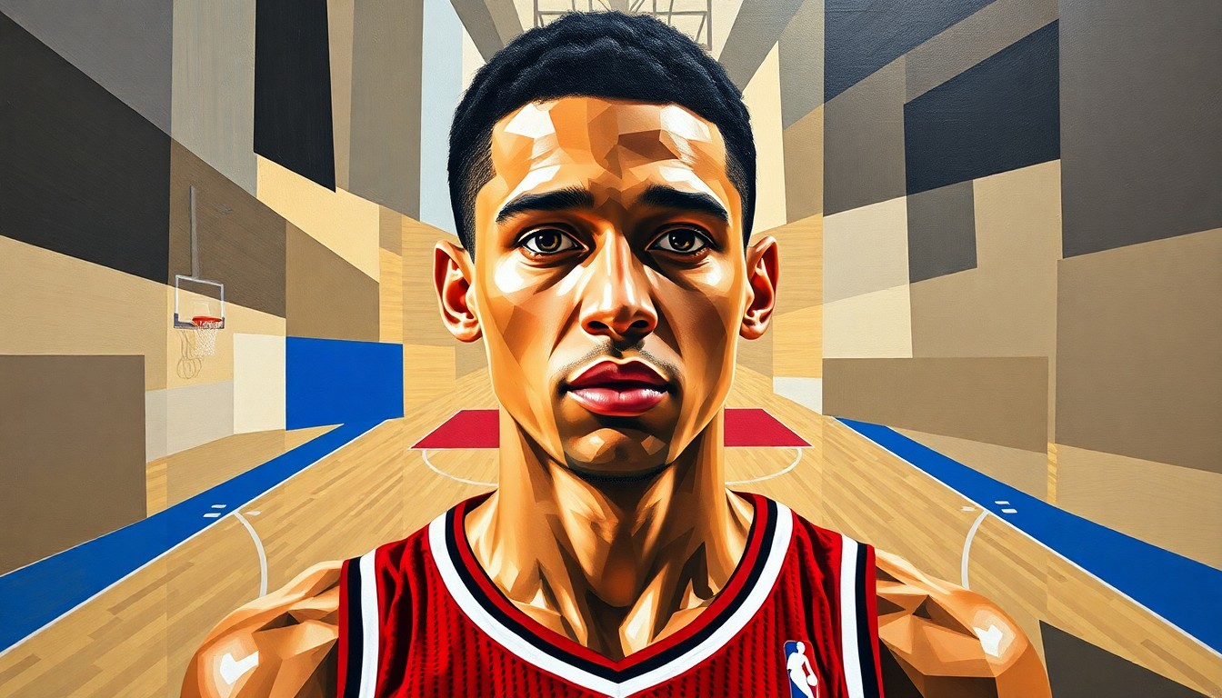 A fractured, multi-perspective painting featuring sharp, overlapping geometric planes that deconstruct a young basketball player's rookie season, with court lines and team logos interwoven throughout the composition.