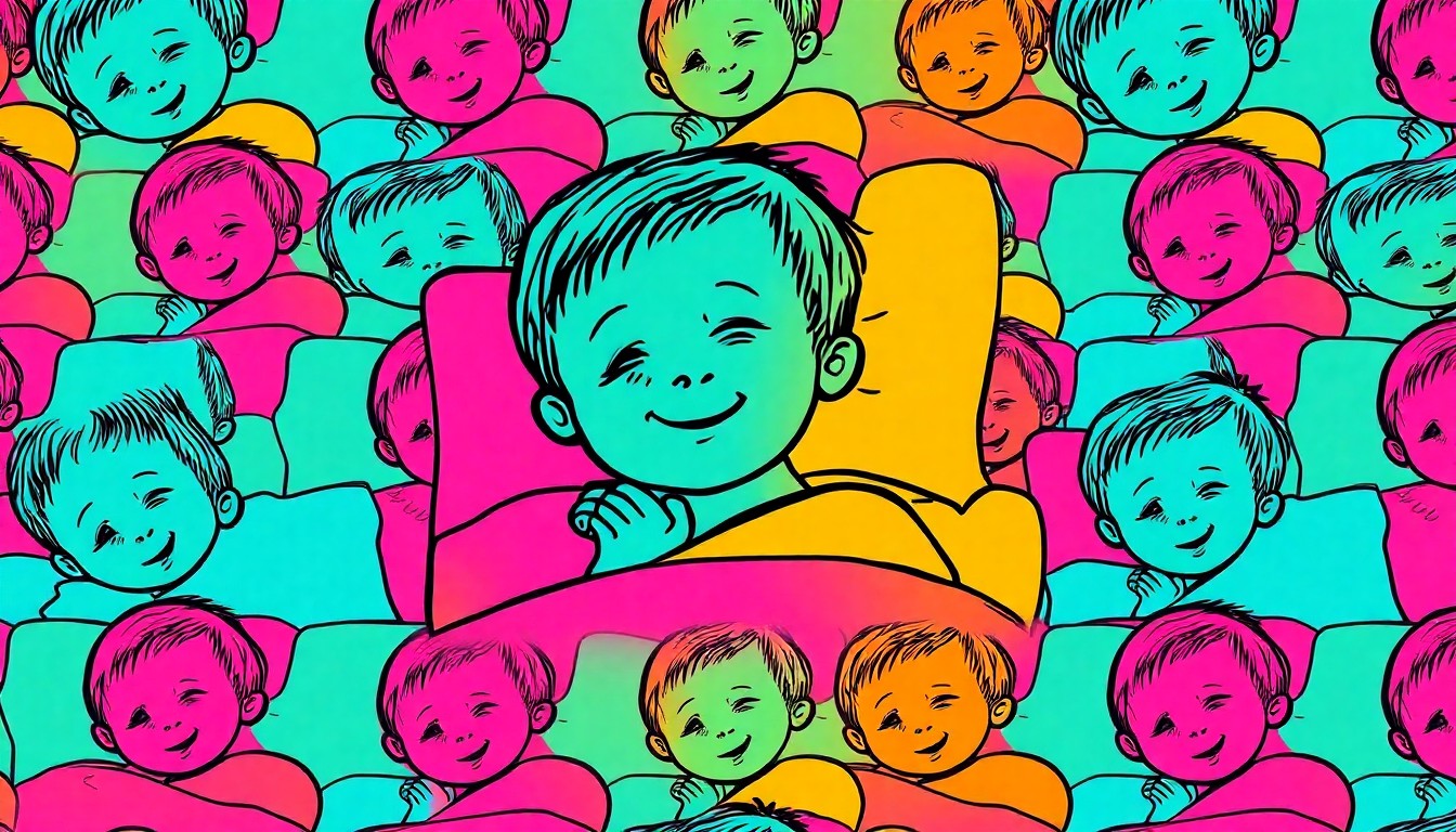 A brightly colored, abstract silkscreen print of a child's drawing depicting a smiling child asleep in a bed, conceptually representing the power of a young artist's perspective on the meaning of peace.