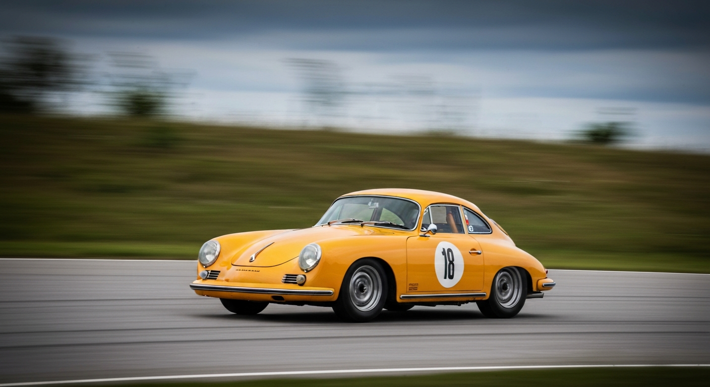 An abstract, sweeping color photograph in shades of red, yellow, and blue, conveying the speed and energy of a vintage Porsche 356C race car in motion.