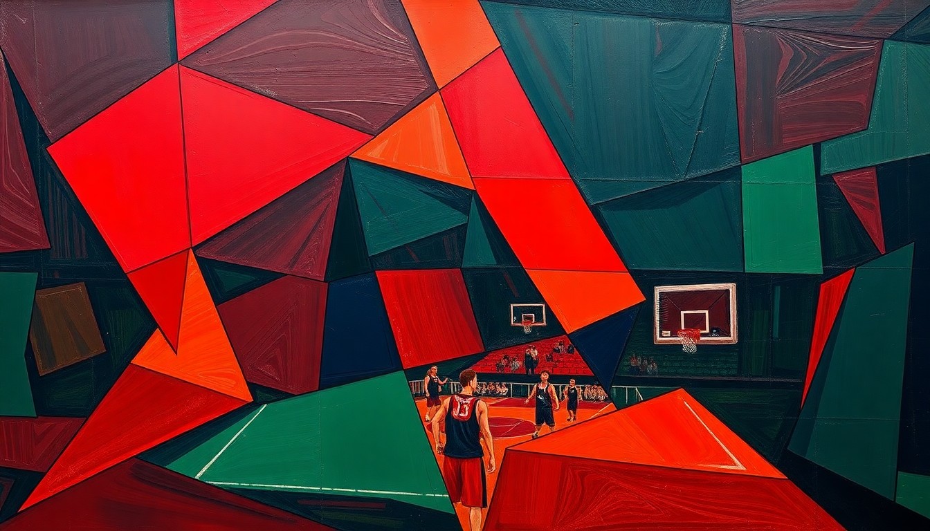 A cubist, geometric painting depicting a basketball game or match, with sharp, overlapping planes of color in a palette of deep red, navy blue, and forest green, conceptually representing the dynamic movement and energy of the sport.