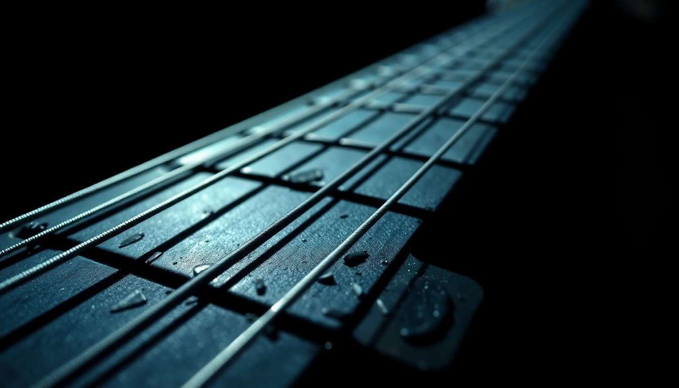 An extreme close-up photograph of intricate, textured guitar strings in dramatic, high-contrast studio lighting, conceptually representing the resilience and passion of a musician facing health challenges.