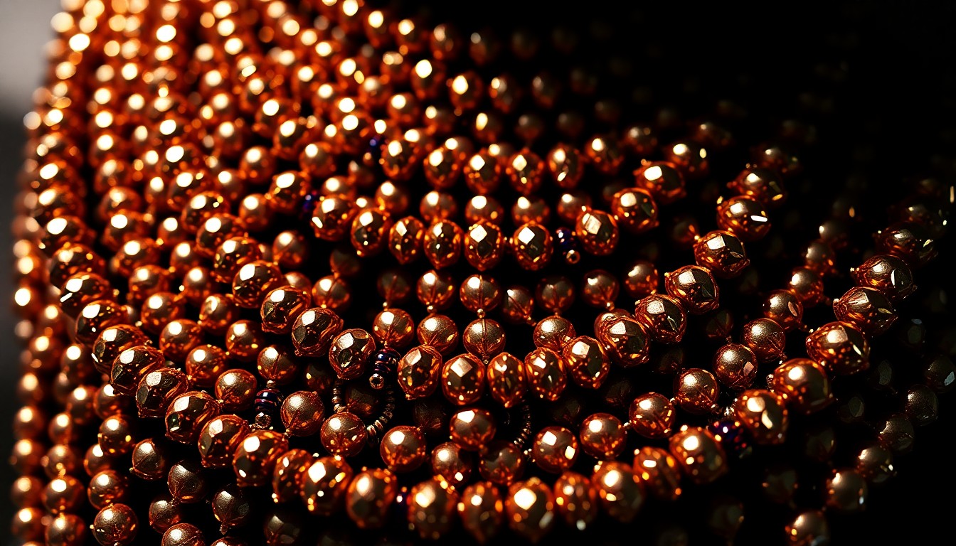 An extreme close-up of a highly textured, glittering African beaded necklace or headdress, shot in dramatic high-contrast lighting to convey a sense of cultural significance and luxury.