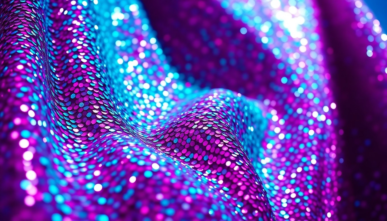 An abstract, high-contrast close-up photograph of shimmering, textured fabric in vivid pink and blue hues, conveying the energy and glamour of a major music festival performance.