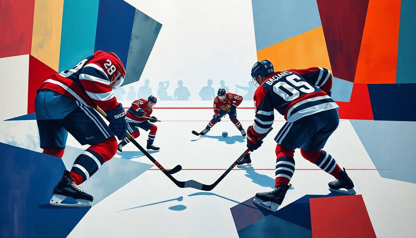 A cubist, geometric painting depicting an abstracted hockey game, with the players' forms broken down into angular shapes and the ice surface represented by intersecting lines and planes in the primary colors of the Hurricanes and Blackhawks uniforms.