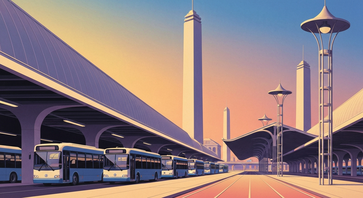A highly stylized, Art Deco-inspired illustration depicting the sweeping, geometric forms of a futuristic bus depot or transit hub, conveying the bold vision behind TransLink's network overhaul.